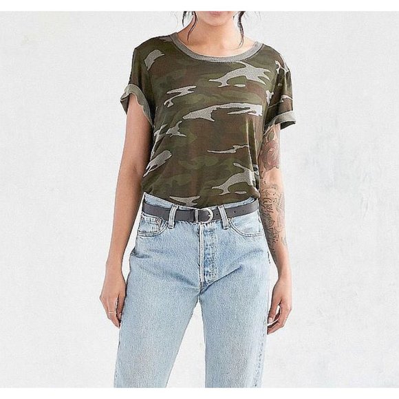Urban Outfitters Marnie Camo T-Shirt Olive Green Gray Distressed Destroyed Top S - Picture 5 of 12